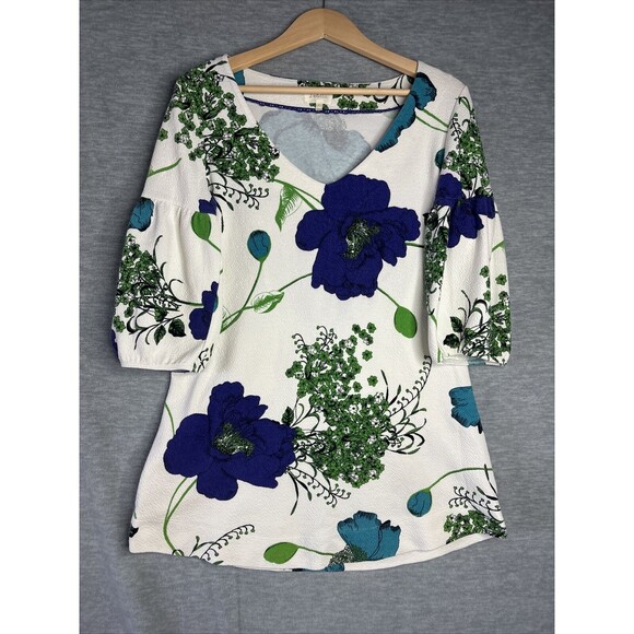 Anthropologie Deletta Haru S Floral Tunic Top Blue Green Puff Sleeve Mid Mod MCM - Picture 6 of 15